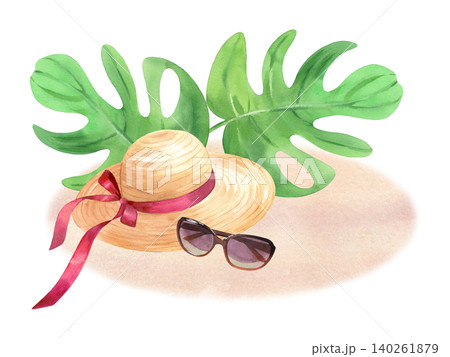 Straw hat with riibon, sunglasses and monstera leaves on a sand. Watercolor illustration. Handmade art work. For packaging design, cards, cover, prints, product labels and fabric. Straw hat with riibon, sunglasses and monstera leaves on a sand. Watercolor illustration. Handmade art work. For packaging design, cards, cover, prints, product labels and fabric. 140261879