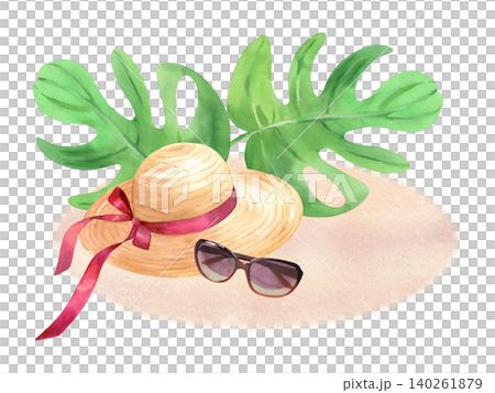 Straw hat with riibon, sunglasses and monstera leaves on a sand. Watercolor illustration. Handmade art work. For packaging design, cards, cover, prints, product labels and fabric. Straw hat with riibon, sunglasses and monstera leaves on a sand. Watercolor illustration. Handmade art work. For packaging design, cards, cover, prints, product labels and fabric. 140261879