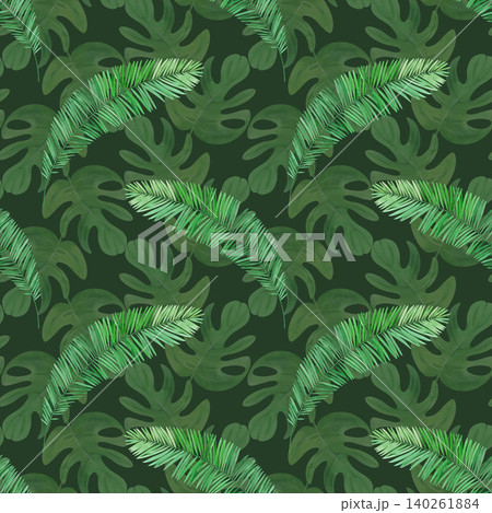 Seamless pattern of the palm and monstera leaves on a green background. Watercolor illustration. Handmade art work. For packaging design, cards, cover, prints, product labels and fabric Seamless pattern of the palm and monstera leaves on a green background. Watercolor illustration. Handmade art work. For packaging design, cards, cover, prints, product labels and fabric 140261884
