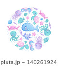 Cute cartoon sea animals in the shape of a circle on a white background. Whale, jellyfish, octopus, fish, seahorse, turtle, crab. Children's vector illustration for the design of poster, postcard 140261924