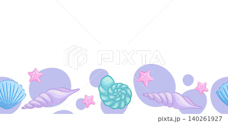 Seamless border with colorful shells and a starfish. Children's vector illustration for the design of posters, postcards, banners Seamless border with colorful shells and a starfish. Children's vector illustration for the design of posters, postcards, banners 140261927