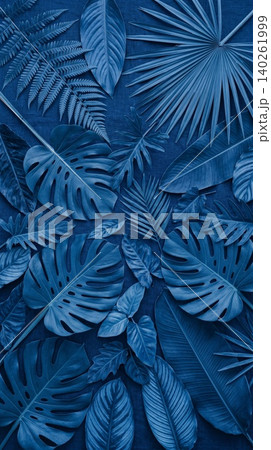 Monochrome blue tropical leaves flatlay background Monochrome blue tropical leaves flatlay background 140261999