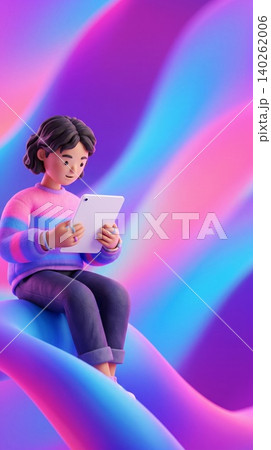 Abstract 3D figure using tablet on surreal colorful geometry Abstract 3D figure using tablet on surreal colorful geometry 140262006