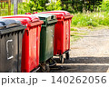 A Row of Colorful Recycling Bins on a Sunny Day, Highlighting Waste Management and Environmental Care in an Outdoor Setting 140262056