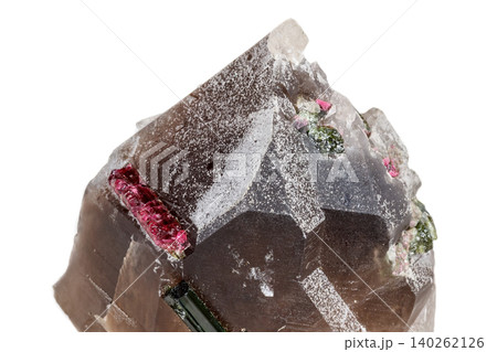 Macro mineral tourmaline stone in quartz on a white background 140262126