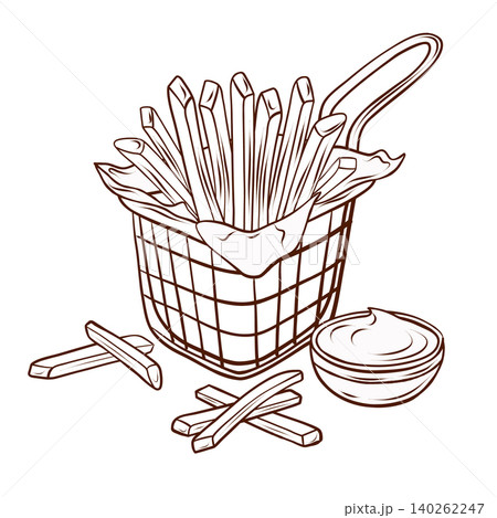 French fries in basket with dipping sauce. Vector illustration in clean hand drawn line art style. Fast food side dish for street food menus, cafe branding, takeaway packaging and advertising design 140262247