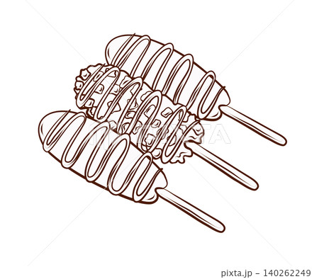 Set of corn dogs with different toppings on sticks. Vector illustration in clean hand drawn line art style. Fast food snack for street food menus, cafe branding, takeaway packaging and ads 140262249