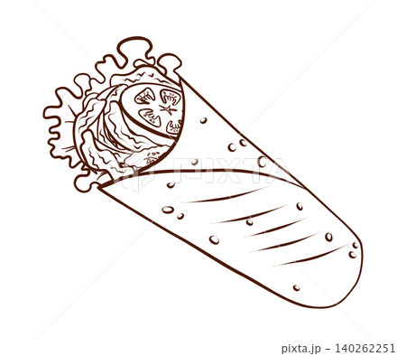 Wrap sandwich with meat vegetables and sauce in flatbread. Vector illustration in clean hand drawn line art style. Street food roll for fast food menus, cafe branding, takeaway packaging and ads Wrap sandwich with meat vegetables and sauce in flatbread. Vector illustration in clean hand drawn line art style. Street food roll for fast food menus, cafe branding, takeaway packaging and ads 140262251