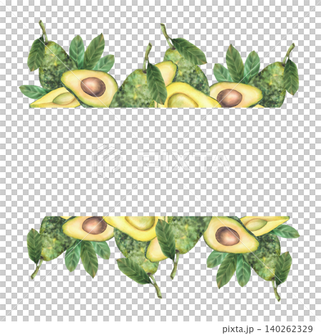 Watercolor avocado rectangular banner. Whole and cut avocado fruit half with seed and leaves. Hand draw botanical frame. Illustration on isolated white background template for food packaging, label. Watercolor avocado rectangular banner. Whole and cut avocado fruit half with seed and leaves. Hand draw botanical frame. Illustration on isolated white background template for food packaging, label. 140262329