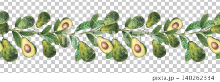 Watercolor avocado branch seamless border. Ripe whole and cut half fruit with seed and green leaves. Botanical hand painted illustration on isolated white background pattern for food packaging, label. Watercolor avocado branch seamless border. Ripe whole and cut half fruit with seed and green leaves. Botanical hand painted illustration on isolated white background pattern for food packaging, label. 140262334