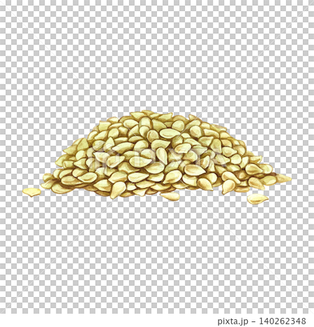 A handful of white sesame seeds. A hand-drawn watercolor illustration. Separate from the background. Perfect for creating labels, packaging, posters, banners, menus, and more. A handful of white sesame seeds. A hand-drawn watercolor illustration. Separate from the background. Perfect for creating labels, packaging, posters, banners, menus, and more. 140262348