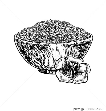 Flax seed in a wooden bowl and a flax flower. Black and white, graphic, vector, and hand-drawn illustrations. Element of label and packaging design, as well as banners, posters, and more Flax seed in a wooden bowl and a flax flower. Black and white, graphic, vector, and hand-drawn illustrations. Element of label and packaging design, as well as banners, posters, and more 140262366