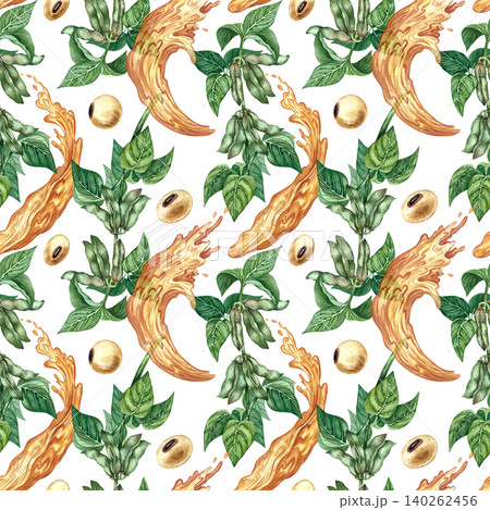 Seamless pattern using soy. Hand-drawn watercolor illustration. Soybeans and soy stalks with leaves and pods, as well as oil splashes. For textiles, labels and prints, decor, packaging, and more. Seamless pattern using soy. Hand-drawn watercolor illustration. Soybeans and soy stalks with leaves and pods, as well as oil splashes. For textiles, labels and prints, decor, packaging, and more. 140262456