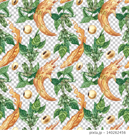 Seamless pattern using soy. Hand-drawn watercolor illustration. Soybeans and soy stalks with leaves and pods, as well as oil splashes. For textiles, labels and prints, decor, packaging, and more. Seamless pattern using soy. Hand-drawn watercolor illustration. Soybeans and soy stalks with leaves and pods, as well as oil splashes. For textiles, labels and prints, decor, packaging, and more. 140262456