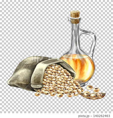 Soybean oil. Glass bottle, soybeans in a burlap bag. Hand-drawn watercolor illustration. For menus, recipes, and cookbooks. For banners, packaging, labels, and more. Soybean oil. Glass bottle, soybeans in a burlap bag. Hand-drawn watercolor illustration. For menus, recipes, and cookbooks. For banners, packaging, labels, and more. 140262463