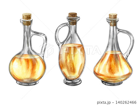 A set with transparent bottles of beautifully shaped oil, sealed with a cork. Hand-drawn watercolor illustration. Design element for menus, recipes, and cookbooks. For packaging, labels, and more. 140262466