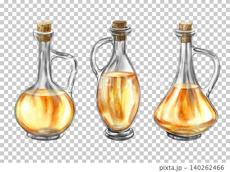 A set with transparent bottles of beautifully shaped oil, sealed with a cork. Hand-drawn watercolor illustration. Design element for menus, recipes, and cookbooks. For packaging, labels, and more. 140262466