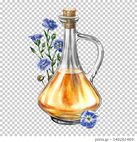 Flaxseed oil. Hand-drawn watercolor illustration. Glass bottle of oil and flax flowers. Element of design for labels and packaging, banners, posters, and more. Flaxseed oil. Hand-drawn watercolor illustration. Glass bottle of oil and flax flowers. Element of design for labels and packaging, banners, posters, and more. 140262469
