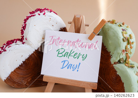International bakery day saying caption on greeting card Delightful heartshaped pastry croissant treat, beautifully topped with colorful frosting galore. Copy space. Food experimentation viral dessert International bakery day saying caption on greeting card Delightful heartshaped pastry croissant treat, beautifully topped with colorful frosting galore. Copy space. Food experimentation viral dessert 140262623