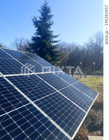 Solar Panel Installation with Evergreen Tree - Renewable Energy Photography Solar Panel Installation with Evergreen Tree - Renewable Energy Photography 140262657