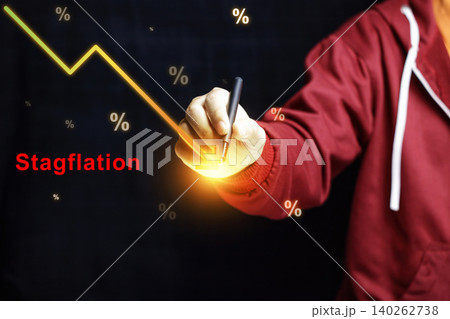 Economic Stagflation Concept with Hand Pointing at Falling Financial Market Graph. Economic Crisis Prediction Concept. High quality photo Economic Stagflation Concept with Hand Pointing at Falling Financial Market Graph. Economic Crisis Prediction Concept. High quality photo 140262738