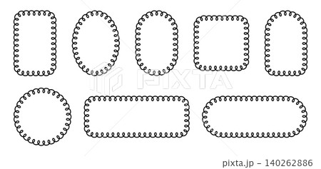 Decorative scallop border frames with loop patterns. Vector edge designs featuring wavy lace shapes, perfect for labels, photos, and creative projects Decorative scallop border frames with loop patterns. Vector edge designs featuring wavy lace shapes, perfect for labels, photos, and creative projects 140262886