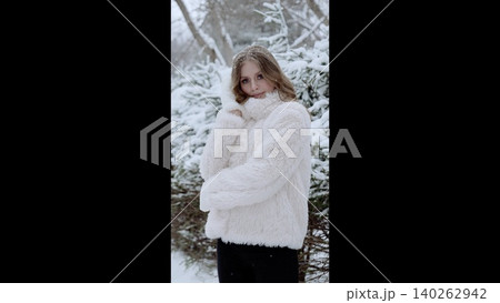 Elegant woman in white fur coat walking through snow covered forest, experiencing winter's serene beauty and soft landscape during cold seasonal moment Elegant woman in white fur coat walking through snow covered forest, experiencing winter's serene beauty and soft landscape during cold seasonal moment 140262942