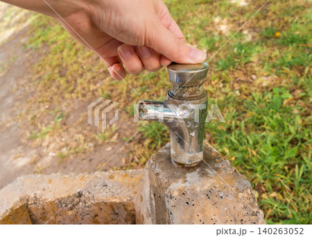 Public Drinking Fountain and Hand Seeking Relief on Hot Day Public Drinking Fountain and Hand Seeking Relief on Hot Day 140263052