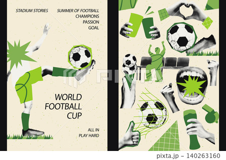 Set of football vertical poster templates. Halftone magazine cutouts with doodles. Soccer ball, goal moment, fan's hand gestures Social media post, collage sports banner, cover vector illustration Set of football vertical poster templates. Halftone magazine cutouts with doodles. Soccer ball, goal moment, fan's hand gestures Social media post, collage sports banner, cover vector illustration 140263160