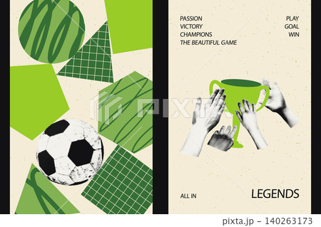 Soccer championship posters with abstract geometric shapes, doodles, football ball, and winning trophy. Creative sports event flyer, victory design template, halftone collage vector illustration Soccer championship posters with abstract geometric shapes, doodles, football ball, and winning trophy. Creative sports event flyer, victory design template, halftone collage vector illustration 140263173