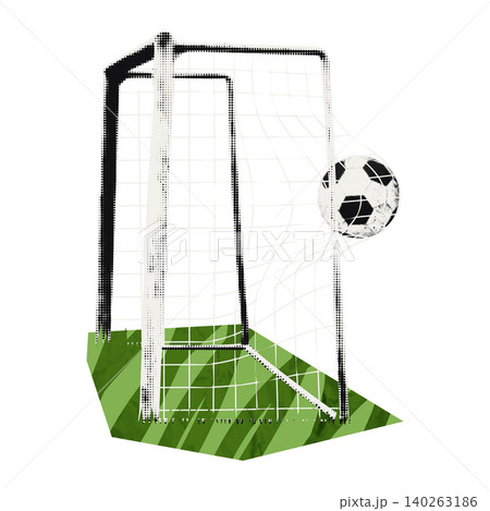 Soccer goal with ball hitting the net. Concept of scoring a goal, victory, football championship, sports achievement. Modern retro halftone collage element vector illustration with doodles, isolated Soccer goal with ball hitting the net. Concept of scoring a goal, victory, football championship, sports achievement. Modern retro halftone collage element vector illustration with doodles, isolated 140263186