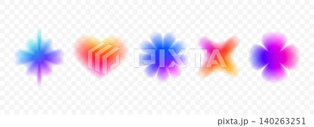 Y2k blurred gradient flowers and heart set. Bright blur aura shape collection. Colorful fading abstract elements for poster, template, badge, sticker, collage. Vector iridescent smooth flower pack 140263251