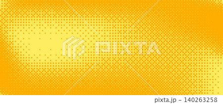 Yellow orange bitmap pixel texture. Dotted dither gradient pattern background. 8 bit halftone faded pop art gradation wallpaper. Vanishing raster video arcade game backdrop for banner, poster. Vector 140263258
