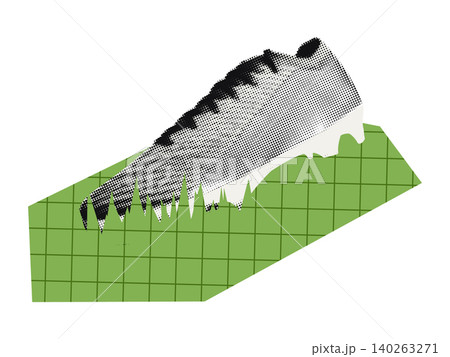 Halftone soccer cleat and green grid paper field scrap cut out. Playful football world cup collage sticker with dotted texture and doodles. Modern retro grunge mixed media vector illustration isolated Halftone soccer cleat and green grid paper field scrap cut out. Playful football world cup collage sticker with dotted texture and doodles. Modern retro grunge mixed media vector illustration isolated 140263271