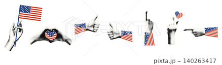 Human hands with American flag printed sleeves. Halftone hands making heart and love gesture, showing thumbs up, pointing finger for Independence day collage. Modern retro vector illustration isolated Human hands with American flag printed sleeves. Halftone hands making heart and love gesture, showing thumbs up, pointing finger for Independence day collage. Modern retro vector illustration isolated 140263417