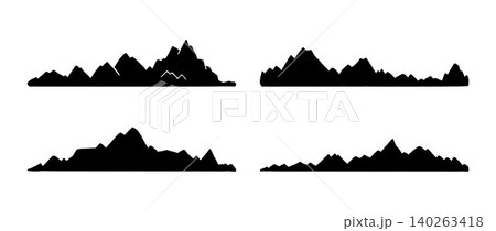 Mountain range silhouette collection. Mount peak landscape shape set. Black hill chain terrain bundle. Vector different rocky ridge tops concepts for winter sport, outdoor adventure, camping, tourism Mountain range silhouette collection. Mount peak landscape shape set. Black hill chain terrain bundle. Vector different rocky ridge tops concepts for winter sport, outdoor adventure, camping, tourism 140263418