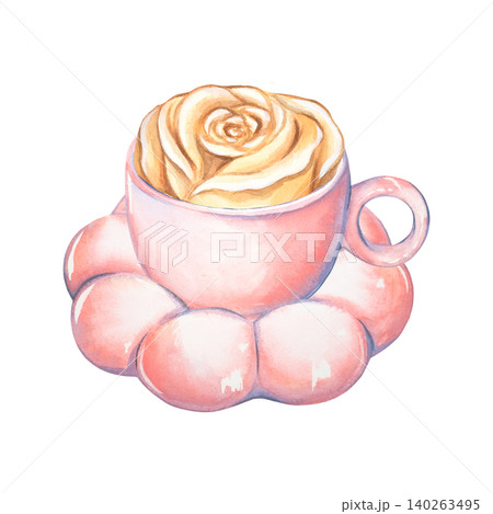 Watercolor tea set featuring a pink cup and saucer. Hot morning tea for breakfast. A hand-painted yellow tea rose with leaves. Isolated ceramic and porcelain tableware. For design and print projects Watercolor tea set featuring a pink cup and saucer. Hot morning tea for breakfast. A hand-painted yellow tea rose with leaves. Isolated ceramic and porcelain tableware. For design and print projects 140263495