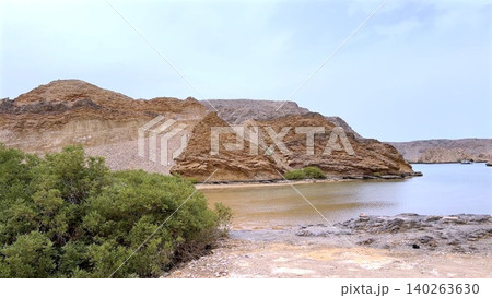 Arabian Gulf Wide View Of Tranquil Shoreline. Serene Desert Lake With Rocky Features And Calm Waters. Expansive Arid Lagoon With Rugged Ridges And Peaceful Reflective Surface Arabian Gulf Wide View Of Tranquil Shoreline. Serene Desert Lake With Rocky Features And Calm Waters. Expansive Arid Lagoon With Rugged Ridges And Peaceful Reflective Surface 140263630