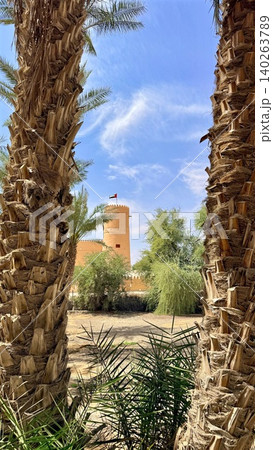 Twin Palms Framing Distant Minaret Tower, Sandy Ground And Shadowed Trunks, Clear Blue Sky, Heritage Architecture Offering Hidden Skyline View And Serene Cultural Perspective Twin Palms Framing Distant Minaret Tower, Sandy Ground And Shadowed Trunks, Clear Blue Sky, Heritage Architecture Offering Hidden Skyline View And Serene Cultural Perspective 140263789