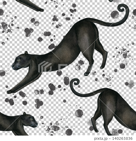 Panther and ink stains. Seamless animalistic pattern. Hand-drawn watercolor drawing isolated on a white background. Watercolor illustration of a wild cat for textile design, wallpaper, and print Panther and ink stains. Seamless animalistic pattern. Hand-drawn watercolor drawing isolated on a white background. Watercolor illustration of a wild cat for textile design, wallpaper, and print 140263836