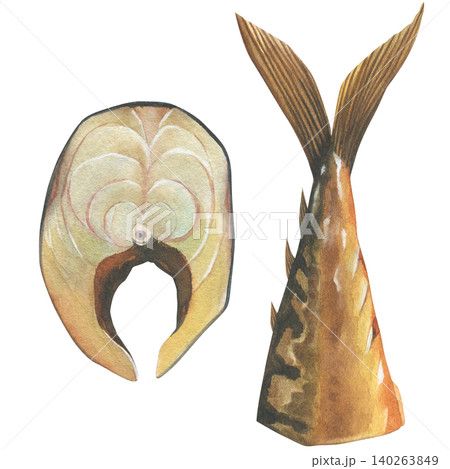 Smoked mackerel. Tail and piece. Hand-drawn watercolor illustration. Isolated on a white background. For menus, seafood products, and print design Smoked mackerel. Tail and piece. Hand-drawn watercolor illustration. Isolated on a white background. For menus, seafood products, and print design 140263849