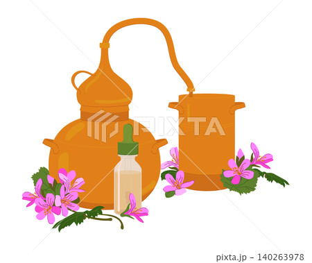Vector illustration of a still and Pelargonium graveolens. An old copper still for producing essential oils and floral distillates. A device for home production of Pink geranium extract. Vector illustration of a still and Pelargonium graveolens. An old copper still for producing essential oils and floral distillates. A device for home production of Pink geranium extract. 140263978