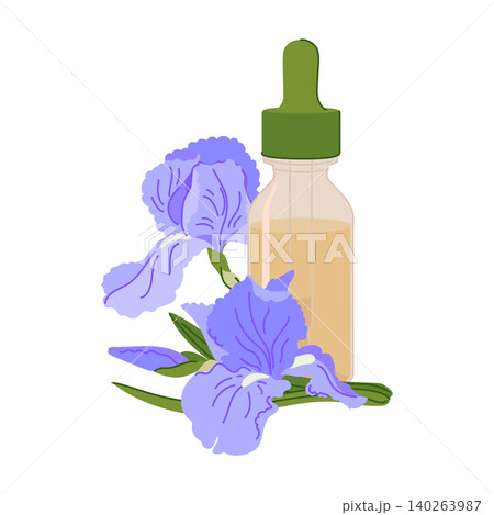 A bottle with a pipette and iris. Glass bottle with Iris pallida essential oil. An ingredient for cosmetics and perfumes. Flat design illustration. A bottle with a pipette and flower extract. A bottle with a pipette and iris. Glass bottle with Iris pallida essential oil. An ingredient for cosmetics and perfumes. Flat design illustration. A bottle with a pipette and flower extract. 140263987