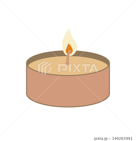 Burning tea candle in a metal cup. Flat style vector clip art. Flat candle for aroma lamps and aromatherapy. Candlestick on a white background. Burning tea candle in a metal cup. Flat style vector clip art. Flat candle for aroma lamps and aromatherapy. Candlestick on a white background. 140263991