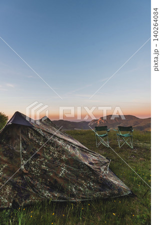 Remote Mountain Campsite At Sunset View 140264084