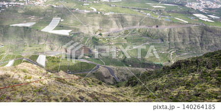 Aerial view of terraced agricultural fields on a hillside with winding roads and patches of green vegetation in a mountainous region. High quality photo Aerial view of terraced agricultural fields on a hillside with winding roads and patches of green vegetation in a mountainous region. High quality photo 140264185