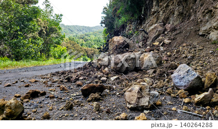 Rock and branch falls onto the roadway in mountainous areas. Danger of landslides on the roads. High quality photo 140264288