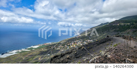 View from the San Antonio volcano on the Canary Island of La Palma of the settlements below, agricultural fields, and the ocean. High quality photo View from the San Antonio volcano on the Canary Island of La Palma of the settlements below, agricultural fields, and the ocean. High quality photo 140264300