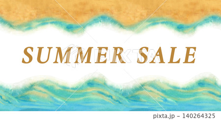 Hand-painted watercolor ocean seamless border with flowing turquoise waves, sandy beach, bright central text area. Coastal design background for invitations, branding, packaging, summer projects 140264325