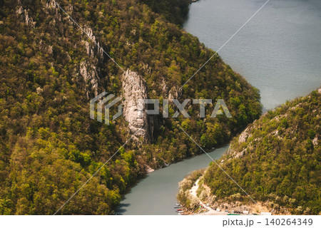 Aerial Panorama with Sculpture of Decebalus above Danube River 140264349
